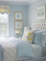 interior of a bedroom sky blue and light yellow, Minimalism interior with Home decoration mock up, Cozy coastal stylish, furniture, comfortable bed, Modern design background with Generative AI