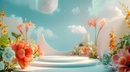 A digital artwork featuring a podium decorated with flowers and set against a backdrop of fluffy...