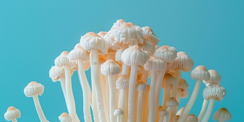 Close shot of Enoki mushroom or flammulina velutipes over a clean backdrop with a big space for text or product, Generative AI.