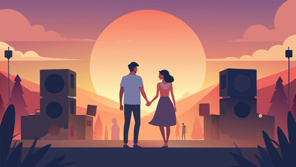 A young couple standing hand in hand their bodies swaying in unison to the mellow tunes playing from the speakers. As the sun sets behind them