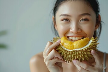 Over a pale white backdrop, a snapshot of a lovely young lady ingesting durian fruits fruit is looking fresh clean and space, Generative AI.