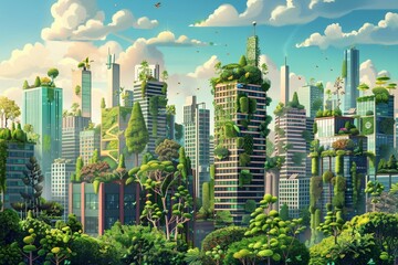 Illustration of a cityscape on a plant theme It features skyscrapers adorned with vertical gardens and rooftop green spaces. - obrazy, fototapety, plakaty