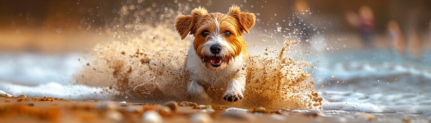 A joyful dog frolics in the sand, its movements full of energy and bliss, kicking up clouds of sand against the backdrop of rolling waves and childrens laughter