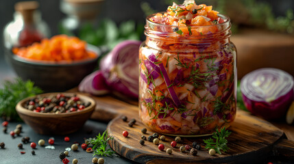 Fresh cabbage salad in jars with spices