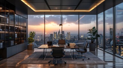 A sleek, modern office space with panoramic windows offering stunning city views
