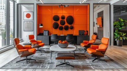 A sleek office setting capturing immaculate details and vibrant orange accents