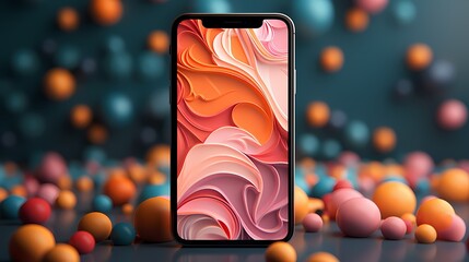 A sleek smartphone mockup with vibrant app screens displayed on a solid background