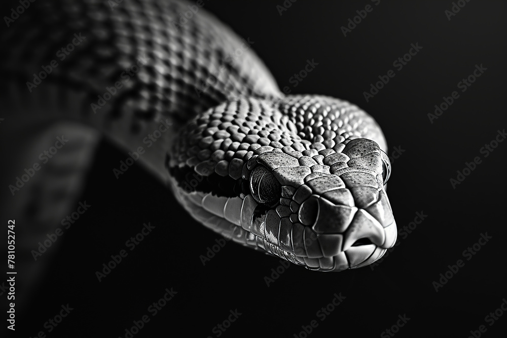 Wall mural Monochrome snake portrait on black background, reptiles animal