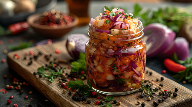 Fresh coleslaw in jars on the wood kitchen table