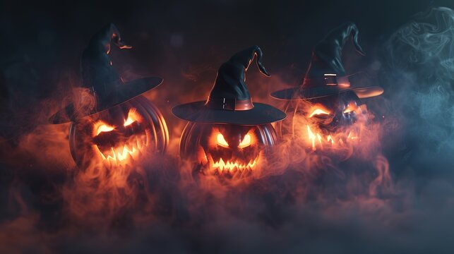 Three eerie, glowing Halloween pumpkins with grins