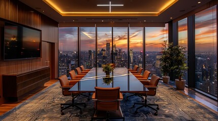 Fototapeta na wymiar A tastefully decorated boardroom with modern furnishings and panoramic city views