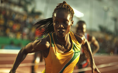 An jamaican woman athlete running on the track.