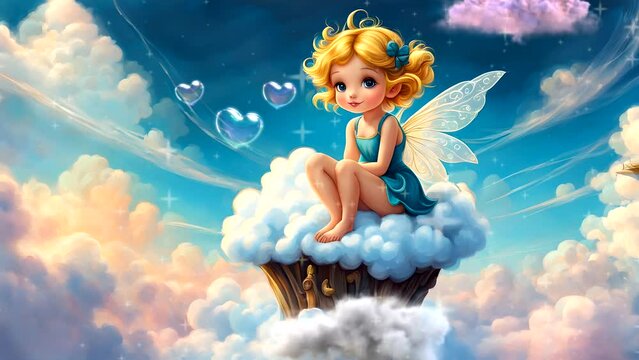 Little girl with wings in the clouds