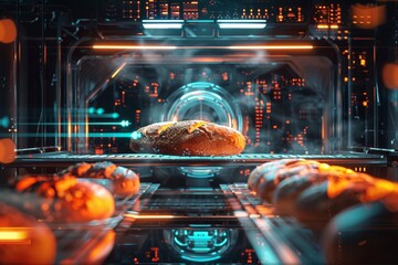 Image of the future of bread baking with a loaf of bread floating in mid-air inside a gleaming high-tech oven.