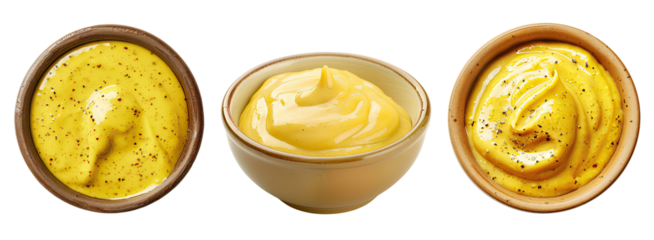 Three bowls with mustard sauce isolated on transparent background
