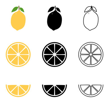 Lemon, slice and half-slice in colors, silhouette and line art SVG Icons Set