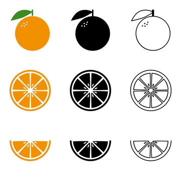 Orange, slice and half-slice in colors, silhouette and line art SVG Icons Set