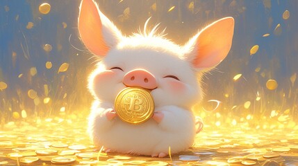 金貨を持つ子豚、金7 - obrazy, fototapety, plakaty