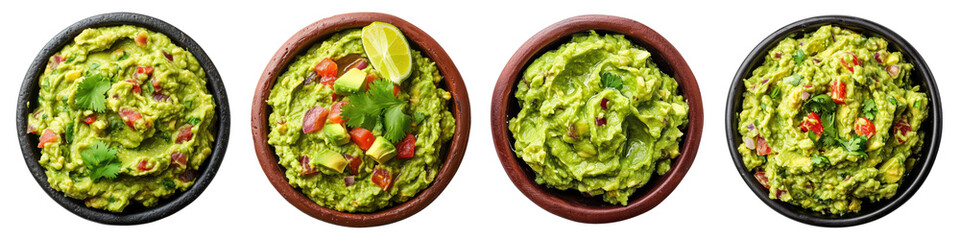 Wooden bowls with guacamole isolated on transparent background, top view
