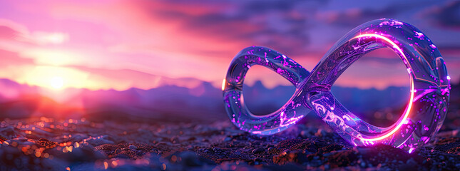 3D render of a red infinity symbol glowing with magical light against a fantasy background at sunset - Generative AI - obrazy, fototapety, plakaty