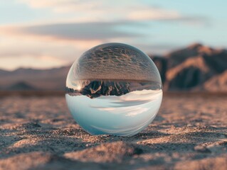 Glass sphere reflecting a vast empty landscape