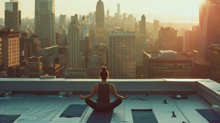 A person practicing yoga on a rooftop overlooking the city skyline, finding stillness amidst urban chaos. 