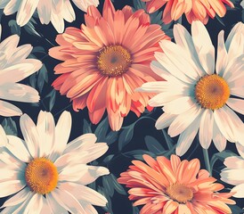 Seamless pattern, minimalist daisy flower