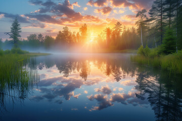 Gorgeous serene serene dawn summer landscape with sun rays, river, morning fog, and trees reflecting in the water. Wallpaper. - 781054374
