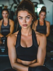 Fototapeta premium Confident woman posing in gym environment. A self-assured young woman is featured prominently against a gym backdrop, portraying strength and confidence