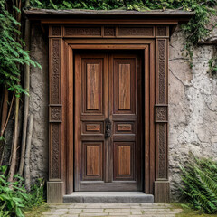 Fototapeta na wymiar Old wooden door in the forest. Conceptual image. 3d rendering