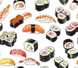 Various toppings of sushi, watercolor painting style, seamless pattern