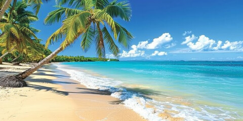 A beautiful beach with palm trees and a clear blue ocean. Scene is peaceful and relaxing - obrazy, fototapety, plakaty