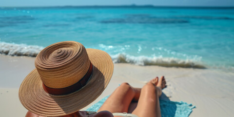 A woman is laying on the beach wearing a straw hat. The hat is brown and has a brown band. The beach is calm and peaceful, with the ocean in the background