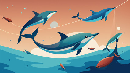 An artistic depiction of a pod of dolphins playfully jumping over nets and fishing lines spreading awareness about the harmful effects of