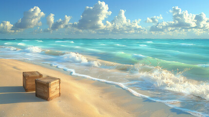 A beach scene with two wooden boxes on the sand. The ocean is calm and the sky is blue - obrazy, fototapety, plakaty