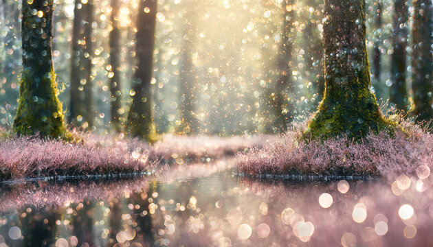 fairy land soft pale pink forest. Small Reflective pond and sparkle dust. Sharp image