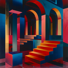 A colorful painting of a staircase with red steps and blue and yellow walls. The painting is abstract and has a sense of depth