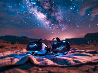 A pair of virtual reality headsets lying on a blanket with milky way in background at night time