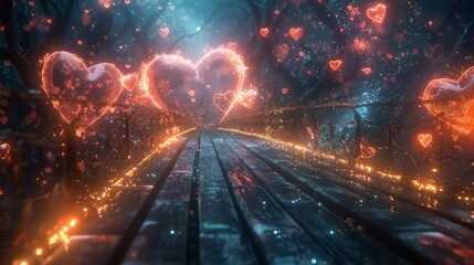 A virtual path lined with glowing code leading to a digital heart depicting the journey of understanding in cyber love