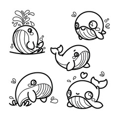 Cartoon Blue Whale Vector Set, featuring isolated, flat art illustrations on a white background. Perfect for design work.