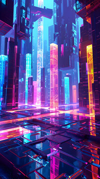 A cityscape with neon lights and buildings in a futuristic setting. The colors are bright and vibrant, creating a sense of energy and excitement. The image is a representation of a futuristic city