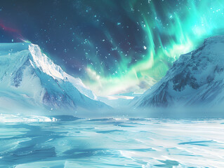 A beautiful, serene landscape of a snowy mountain range with a bright blue sky and aurora borealis