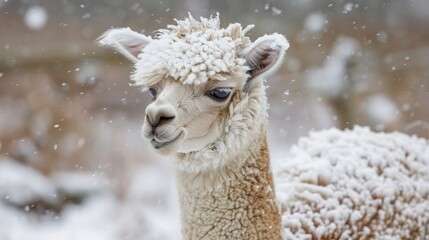 Naklejka premium A llama stands in snowy scenery