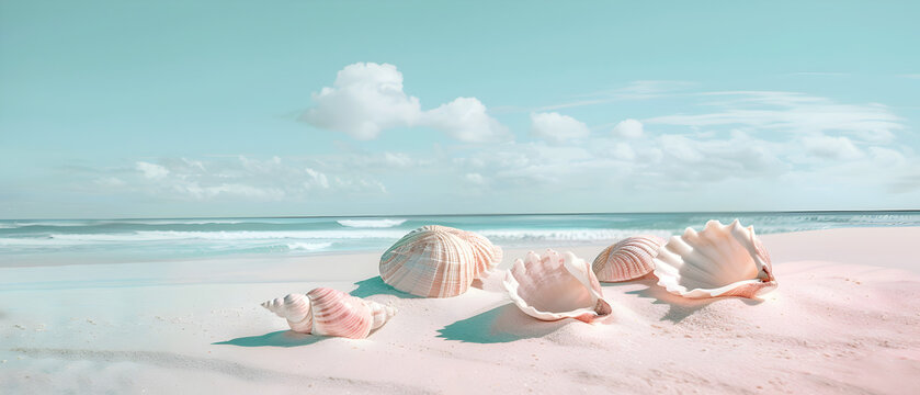 A beach scene with a few shells on the sand. The shells are of different sizes and colors, and they are scattered across the beach. The sky is blue and there are some clouds in the background