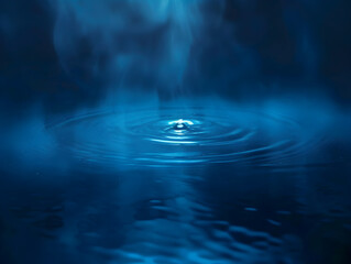 A blue drop of water in a pool of water. The steam rising from the water creates a sense of tranquility and peacefulness