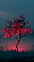 A tree with red leaves is lit up in the dark