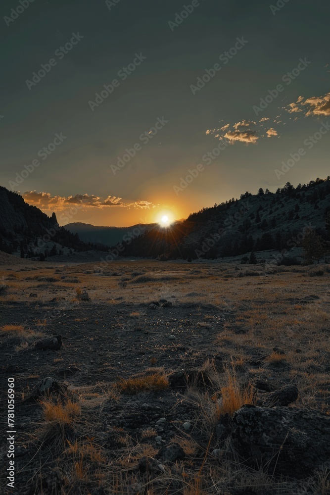 Poster a scenic view of the sun setting behind mountains. suitable for various outdoor and nature-themed pr