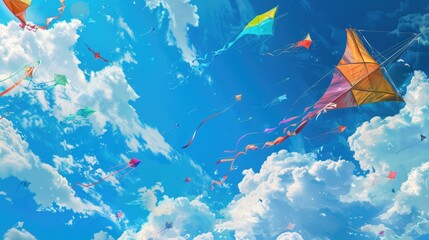 Colorful kites soaring high in the sky, perfect for outdoor and summer-themed designs