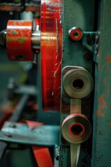 Close up of a machine with a roll of tape, suitable for industrial and manufacturing concepts