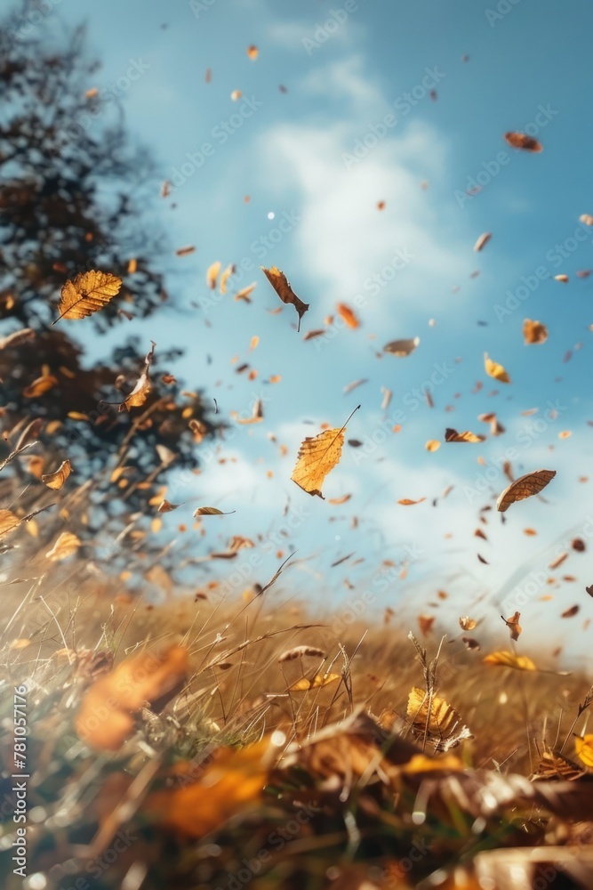 Poster A dynamic image of leaves swirling in the air. Ideal for nature and autumn-themed projects